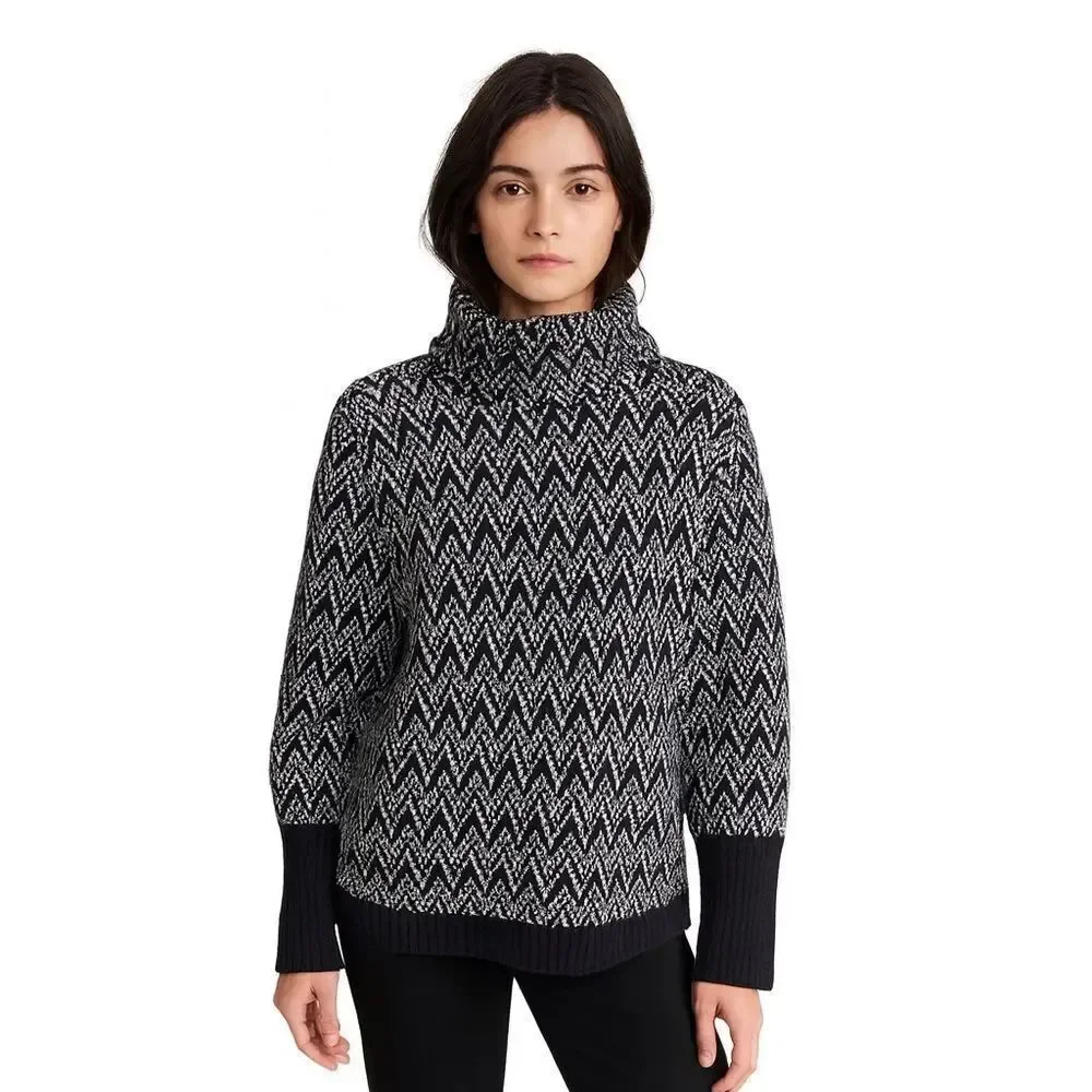 Ellen Tracy Turtleneck Sweater Black White Chevron SZ XL